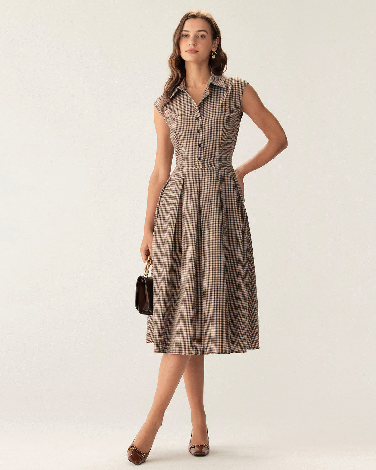 Brown Plaid Button Pleated Midi Dress