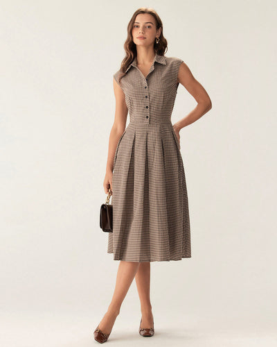 Brown Plaid Button Pleated Midi Dress